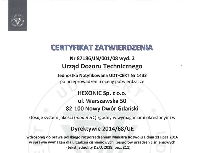 HEXONIC certyfikat Moduł H1 87186_JN_001_08_PL