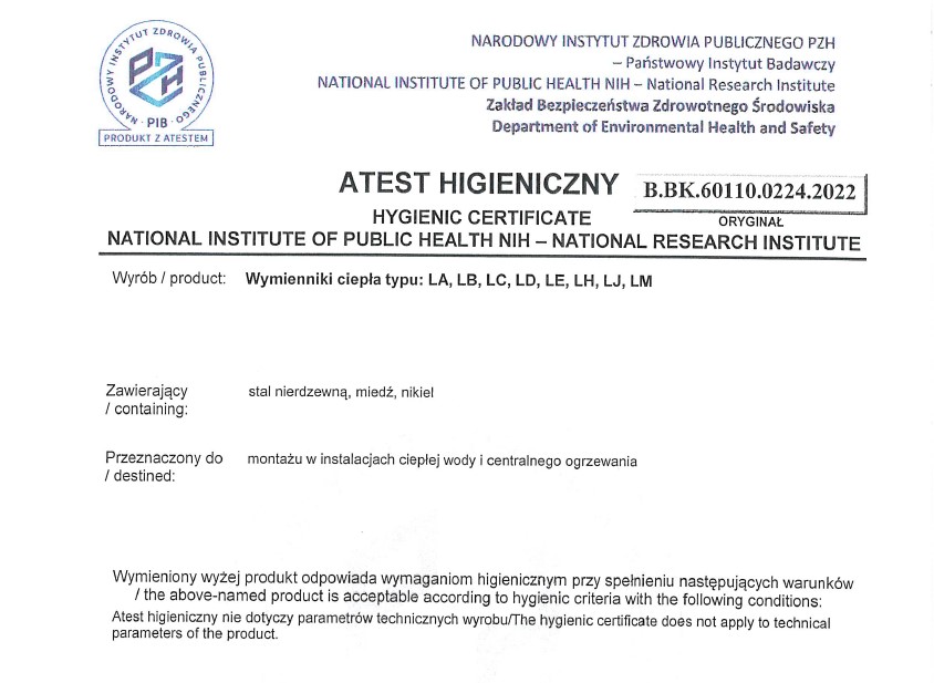 Certificate of the National Institute of Hygiene