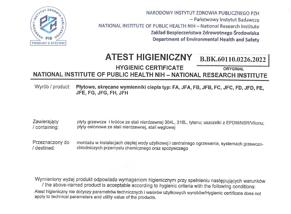 Certyfikat PZH dla wymienników skręcanych HEXONIC